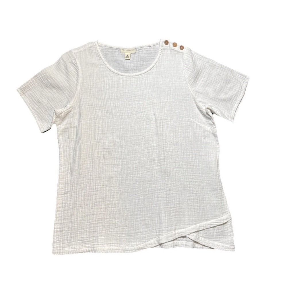 Appleseed's Cotton Waffle Knit Top Botton Accent in White - M